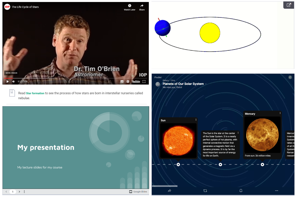 Examples of uploaded and embedded pre-existing resources in iQualify: (Clockwise from top left) Video, animation, Padlet, Google slides presentation.